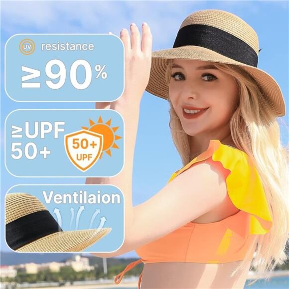 Beach Sun Hats for Women, Straw Hat for Women UPF 50+ UV Sun Protection - Picture 2 of 7